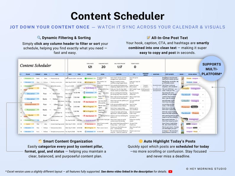 Op de afbeelding: Een digitale content scheduler-interface met de titel "Content Scheduler". Functies zijn onder meer dynamisch filteren, alles-in-&eacute;&eacute;n posttekst, slimme contentorganisatie en automatische markering van berichten van vandaag. De interface ondersteunt meerdere platforms.