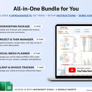 Op de afbeelding: Een alles-in-&eacute;&eacute;n bundel voor u, inclusief 4 spreadsheets met 52 tabbladen, installatie-instructies en demo-video's. De bundel bevat een boekhoudpakket, project- en taakmanager, social media planner en klant- en factuurtracker. Toegang in zowel Microsoft Excel als Google Sheets.