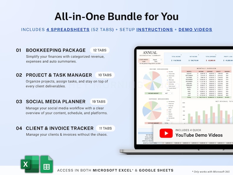 Op de afbeelding: Een alles-in-&eacute;&eacute;n bundel voor u, inclusief 4 spreadsheets met 52 tabbladen, installatie-instructies en demo-video's. De bundel bevat een boekhoudpakket, project- en taakmanager, social media planner en klant- en factuurtracker. Toegang in zowel Microsoft Excel als Google Sheets.