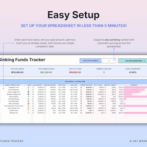 May include: A digital Sinking Funds Tracker spreadsheet featuring a header with Easy Setup text, a summary dashboard with total goal amounts, and a detailed savings overview table with rows for various funds, progress bars, and currency input fields.