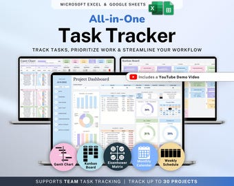 Task Tracker Spreadsheet Team Task Manager Google Sheets Excel To-Do List Daily Weekly Planner Eisenhower Matrix Kanban Board Calendar