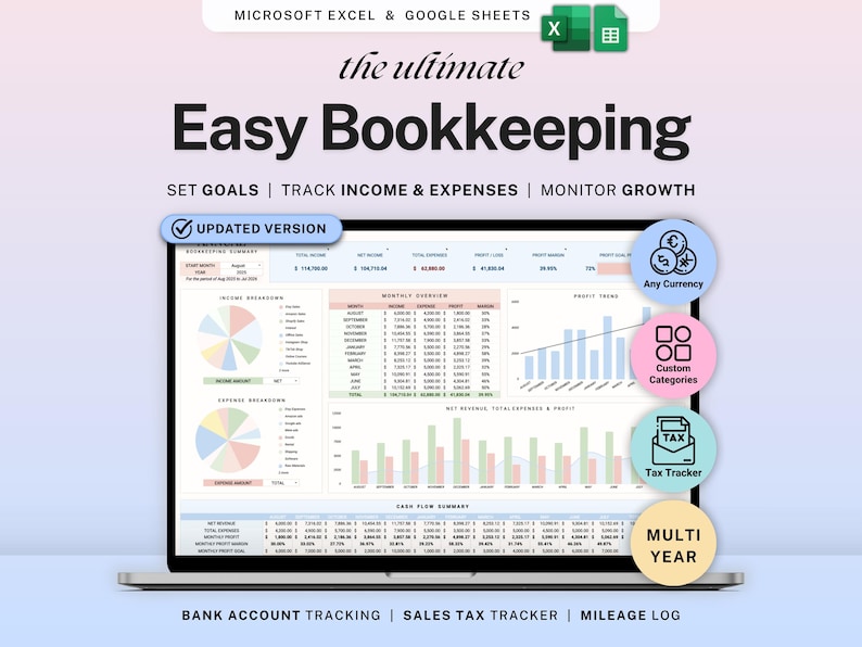 Small Business Bookkeeping Template Income Expense Tracker Google Sheets Excel Profit & Loss Accounting Spreadsheet Self Employed Freelancer image 1