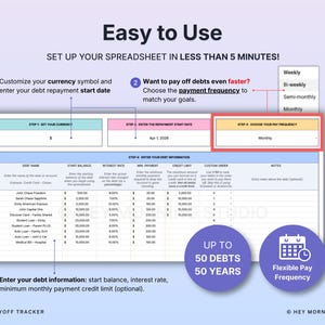 Peut inclure: Un mod&egrave;le de feuille de calcul num&eacute;rique pour le suivi du remboursement des dettes avec des sections pour la devise, la date de d&eacute;but et la fr&eacute;quence de paiement. Il inclut un tableau pour le nom de la dette, le solde, le taux d'int&eacute;r&ecirc;t et les notes. Texte : Up to 50 Debts 50 Years.