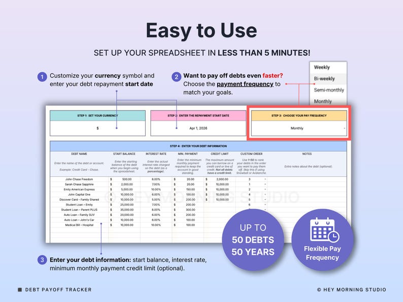 Peut inclure: Un mod&egrave;le de feuille de calcul num&eacute;rique pour le suivi du remboursement des dettes avec des sections pour la devise, la date de d&eacute;but et la fr&eacute;quence de paiement. Il inclut un tableau pour le nom de la dette, le solde, le taux d'int&eacute;r&ecirc;t et les notes. Texte : Up to 50 Debts 50 Years.