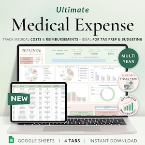 Peut inclure: Un modèle de feuille de calcul Google pour le suivi des dépenses médicales. Le modèle comprend un tableau de bord avec des graphiques et des diagrammes, ainsi qu'une feuille de saisie de données. Le modèle est conçu pour aider les utilisateurs à suivre leurs dépenses médicales et leurs remboursements, et à se préparer à la saison des impôts. Le modèle est intitulé "Ultimate Medical Expense" et "2025/2026".