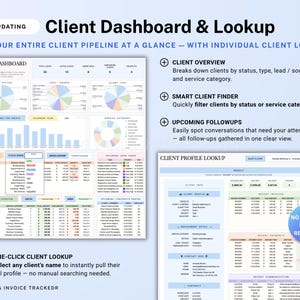 Op de afbeelding: Digitaal klantdashboard met grafieken en gegevenstabellen. Het dashboard toont de klantstatus, het klanttype en de servicecategorie-informatie. Tekst bevat "Client Dashboard & Lookup" en "No Manual Input Required".
