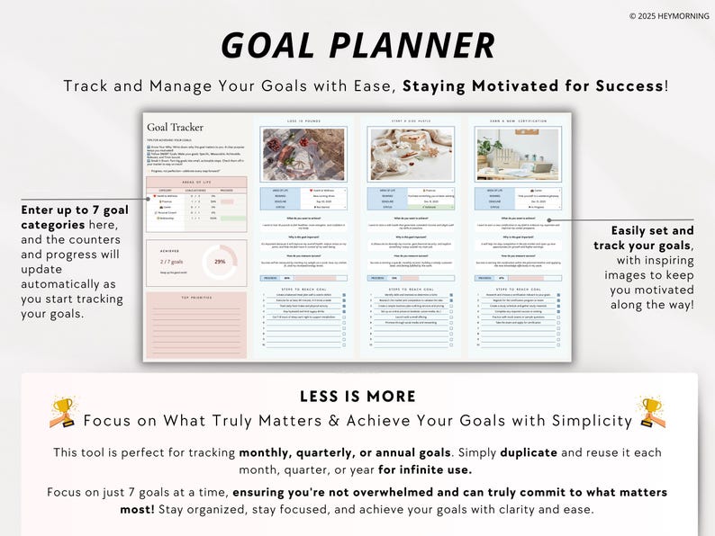 May include: A pink and blue goal planner with the text "GOAL PLANNER" in a black font. The planner is designed to help you track and manage your goals with ease, staying motivated for success. The planner includes a goal tracker, a section for entering up to 7 goal categories, and a section for easily setting and tracking your goals with inspiring images.