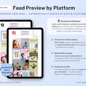 Op de afbeelding: Twee zwarte tablets tonen een preview van een social media feed. De tekst luidt "Feed Preview by Platform" en "Auto-Updating". De preview toont Instagram- en TikTok-berichten, met de tekst "No Manual Input Required."
