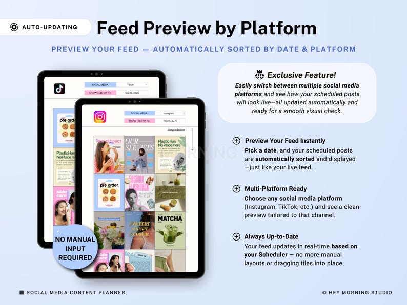 Op de afbeelding: Twee zwarte tablets tonen een preview van een social media feed. De tekst luidt "Feed Preview by Platform" en "Auto-Updating". De preview toont Instagram- en TikTok-berichten, met de tekst "No Manual Input Required."