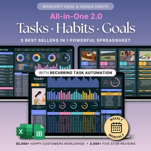 Puede incluir: Una presentación de producto digital con tres portátiles que muestran una hoja de cálculo para tareas, hábitos y objetivos. El producto está etiquetado como "All-in-One 2.0" e incluye el texto "Microsoft Excel & Google Sheets". La imagen también incluye el texto "35.000+ clientes satisfechos en todo el mundo".