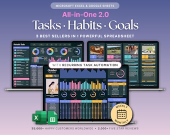 Habit Tracker To Do List Goal Planner Spreadsheet Dark Mode ADHD Productivity Google Sheets Excel Weekly Monthly Planner Daily Routine