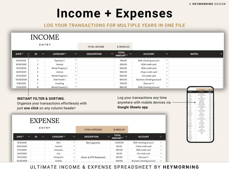 Income Expense Tracker Spreadsheet Personal Finances Planner Business Profit Loss Google Sheets Bookkeeping Template Yearly Budget Tracker image 4