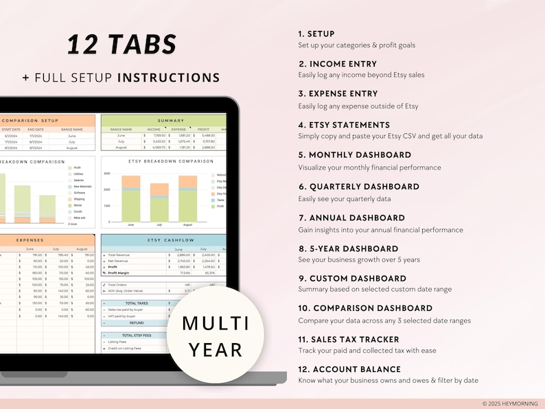 May include: A laptop screen displaying a spreadsheet with 12 tabs, labeled with numbers 1 through 12. The tabs are titled "Setup", "Income Entry", "Expense Entry", "Etsy Statements", "Monthly Dashboard", "Quarterly Dashboard", "Annual Dashboard", "5-Year Dashboard", "Custom Dashboard", "Comparison Dashboard", "Sales Tax Tracker", and "Account Balance". The text "12 Tabs + Full Setup Instructions" is displayed at the top of the screen. The text "MULTI YEAR" is displayed in a circle at the bottom of the screen.