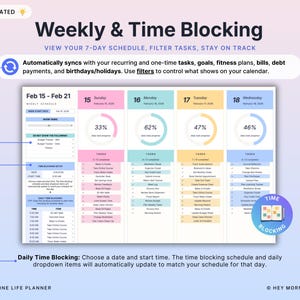 May include: A digital planner interface with a gradient background displays a weekly schedule. The planner shows a 7-day view with progress indicators, task lists, and the text "Weekly & Time Blocking." The interface includes the text "ALL-IN-ONE LIFE PLANNER."