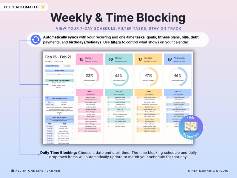 May include: A digital planner interface with a gradient background displays a weekly schedule. The planner shows a 7-day view with progress indicators, task lists, and the text "Weekly & Time Blocking." The interface includes the text "ALL-IN-ONE LIFE PLANNER."