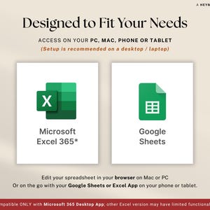 Peut inclure: Image avec le texte "Designed to Fit Your Needs" et des ic&ocirc;nes pour Microsoft Excel 365 et Google Sheets. Le texte encourage l'acc&egrave;s sur PC, Mac, t&eacute;l&eacute;phone ou tablette. Le texte du bas dit "Modifiez votre feuille de calcul dans votre navigateur sur Mac ou PC ou en d&eacute;placement avec Google Sheets ou Excel App sur votre t&eacute;l&eacute;phone ou tablette."