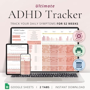 ADHD-tracker Google Spreadsheets Symptom Tracker Spreadsheet Jaarlijks ADHD-dashboard Dagelijkse AdHd-gedragssjabloon AdHd-gewoontentracker ADHD-reiniging