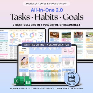 Task Goal Habit Tracker Spreadsheet Productivity Planner Google Sheets Excel ADHD Daily Weekly Monthly Organizer Routine Calendar To Do List