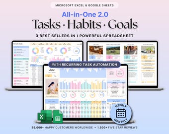 Task Goal Habit Tracker Spreadsheet Productivity Planner Google Sheets Excel ADHD Daily Weekly Monthly Organizer Routine Calendar To Do List
