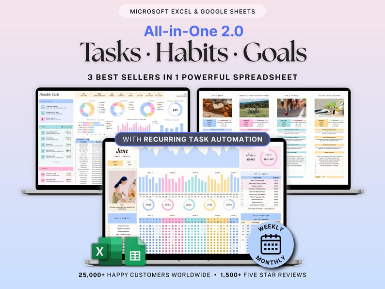 Task Goal Habit Tracker Spreadsheet Productivity Planner Google Sheets Excel ADHD Daily Weekly Monthly Organizer Routine Calendar To Do List image 1