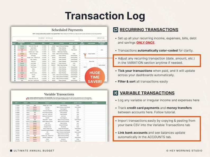 May include: A digital spreadsheet labelled "Transaction Log" with sections for scheduled and variable transactions. The image includes text highlighting features like colour-coded transactions, recurring transaction adjustments, and bank account linking for automated updates.