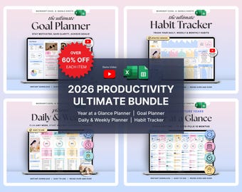 Productivity Bundle Habit Tracker Google Sheets Excel Daily Weekly Planner 2026 Goal Setting Vision Board Year at a Glance Spreadsheet