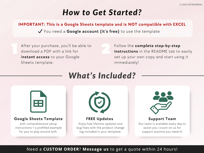 May include: A pink and white graphic with the text "How to Get Started?" and "What's Included?"  The graphic describes a Google Sheets template with instructions on how to use it. The graphic also includes information about free updates and a support team.