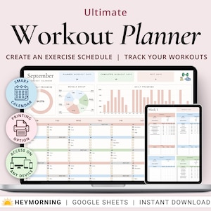 Pianificatore di allenamento Fogli Google Foglio di calcolo per il monitoraggio degli esercizi Modello di pianificatore di fitness Checklist per la palestra Calendario di allenamento per il sollevamento pesi Pilates