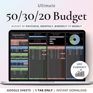 Puede incluir: Una pantalla de computadora portátil que muestra una hoja de cálculo de Google Sheets con una plantilla de presupuesto 50/30/20. La hoja de cálculo se titula "Panel de control del presupuesto de septiembre" e incluye secciones para "Queda por planificar", "Planificado vs Real", "Desglose real", "Necesidades", "Deseos" y "Futuro". La hoja de cálculo está diseñada para presupuestar por cheque de pago, mensual, quincenal o semanal. El texto "Cualquier moneda" se muestra en un círculo en la pantalla.