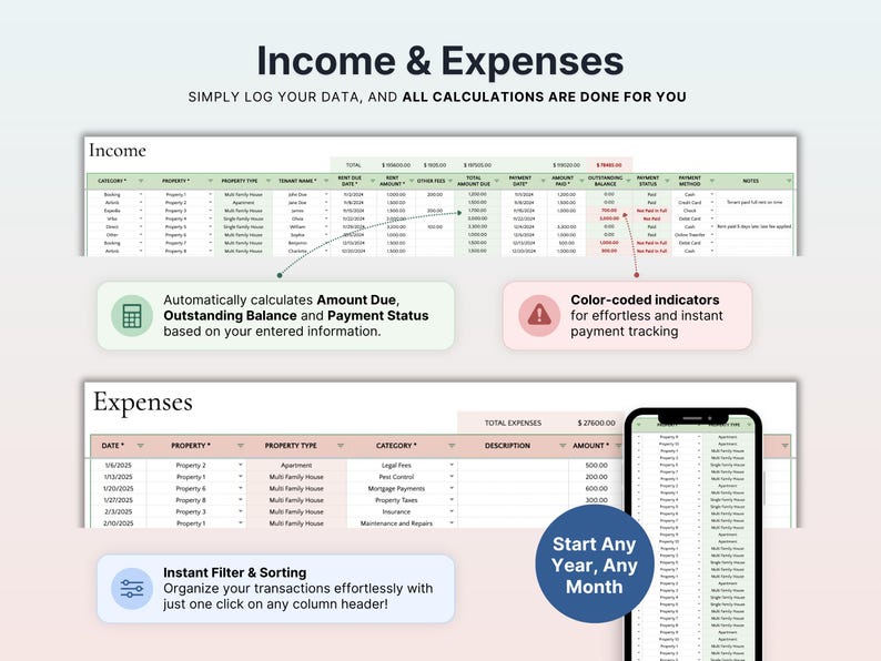 Rental Property Bookkeeping Google Sheets Landlord Spreadsheet Multi Property Income and Expense Tracker Excel Tenant Tracker Rent Payment image 4