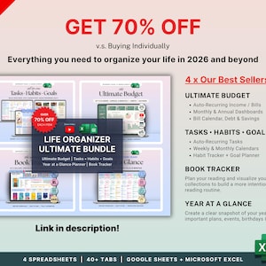 Może przedstawiać: Obraz promocyjny z tekstem &bdquo;ZDOBĄDŹ 70% ZNIŻKI&rdquo; i &bdquo;Life Organizer Ultimate Bundle&rdquo;. Obraz przedstawia cztery cyfrowe arkusze kalkulacyjne do budżetowania, zadań, nawyk&oacute;w, cel&oacute;w i śledzenia czytania. Zawiera kompatybilność z Arkuszami Google i Microsoft Excel.