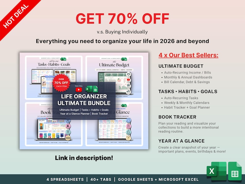 Może przedstawiać: Obraz promocyjny z tekstem &bdquo;ZDOBĄDŹ 70% ZNIŻKI&rdquo; i &bdquo;Life Organizer Ultimate Bundle&rdquo;. Obraz przedstawia cztery cyfrowe arkusze kalkulacyjne do budżetowania, zadań, nawyk&oacute;w, cel&oacute;w i śledzenia czytania. Zawiera kompatybilność z Arkuszami Google i Microsoft Excel.
