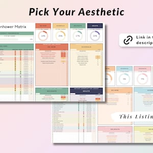 Puede incluir: Un planificador de productividad Eisenhower Matrix imprimible con un esquema de color pastel. El planificador est&aacute; dividido en cuatro cuadrantes: Hacer ahora, Programar, Delegar y Eliminar. Cada cuadrante tiene una lista de tareas y una barra de progreso.