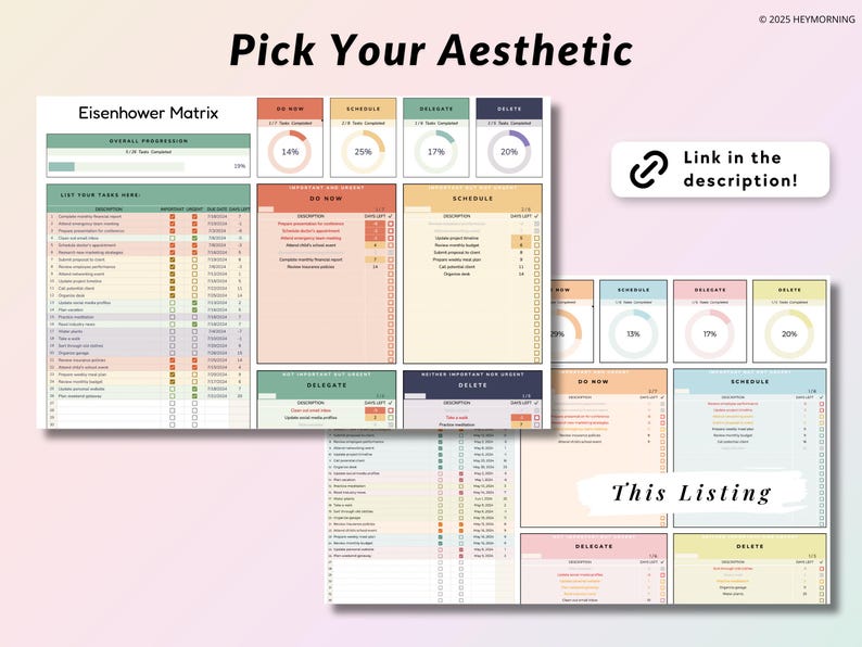 Puede incluir: Un planificador de productividad Eisenhower Matrix imprimible con un esquema de color pastel. El planificador est&aacute; dividido en cuatro cuadrantes: Hacer ahora, Programar, Delegar y Eliminar. Cada cuadrante tiene una lista de tareas y una barra de progreso.