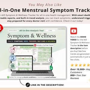 Puede incluir: Una plantilla de Google Sheets para hacer un seguimiento de los s&iacute;ntomas menstruales y el bienestar. La plantilla incluye secciones para hacer un seguimiento de los s&iacute;ntomas, los medicamentos, los desencadenantes, el autocuidado y el bienestar. Tambi&eacute;n incluye un tutorial de YouTube. La plantilla es perfecta para gestionar las afecciones cr&oacute;nicas o controlar el bienestar general.