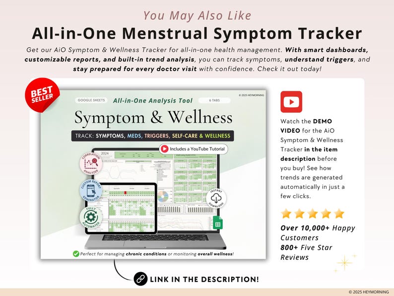 Puede incluir: Una plantilla de Google Sheets para hacer un seguimiento de los s&iacute;ntomas menstruales y el bienestar. La plantilla incluye secciones para hacer un seguimiento de los s&iacute;ntomas, los medicamentos, los desencadenantes, el autocuidado y el bienestar. Tambi&eacute;n incluye un tutorial de YouTube. La plantilla es perfecta para gestionar las afecciones cr&oacute;nicas o controlar el bienestar general.