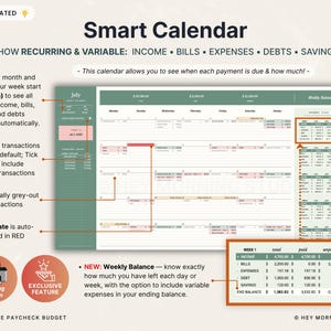 Puede incluir: Un calendario inteligente digital titulado "Smart Calendar" que muestra datos financieros, incluyendo ingresos, facturas y ahorros. El texto dice "Show Recurring & Variable: Income, Bills, Expenses, Debts, Savings." Cuenta con un balance semanal.