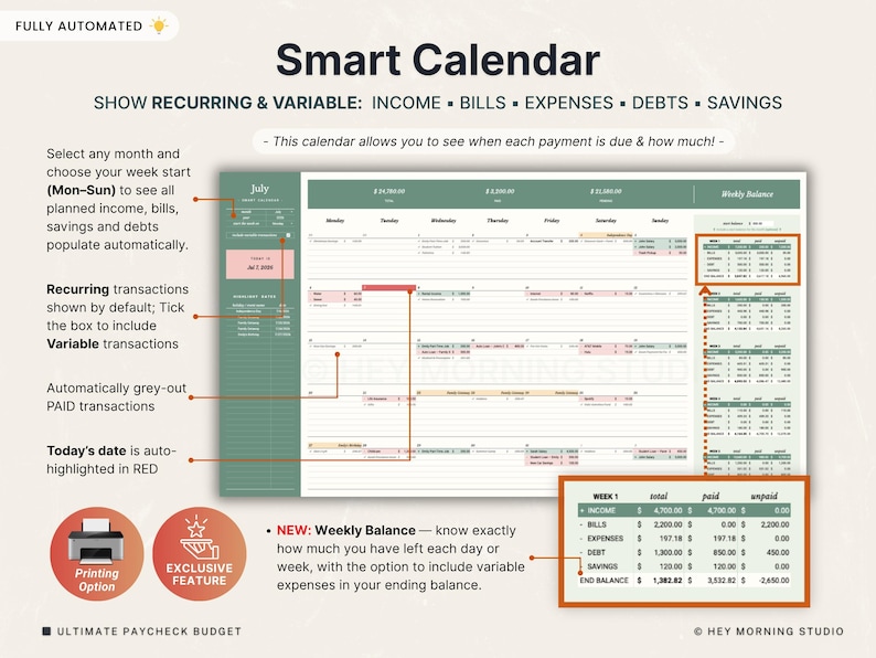 Puede incluir: Un calendario inteligente digital titulado "Smart Calendar" que muestra datos financieros, incluyendo ingresos, facturas y ahorros. El texto dice "Show Recurring & Variable: Income, Bills, Expenses, Debts, Savings." Cuenta con un balance semanal.