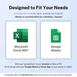 Op de afbeelding: Afbeelding die de compatibiliteit van spreadsheetsoftware promoot. Toont de logo's van Microsoft Excel 365 en Google Sheets. Tekst luidt "Ontworpen om aan uw behoeften te voldoen" en "Toegang op uw pc, Mac, telefoon of tablet".