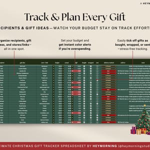 Peut inclure: Un tableur num&eacute;rique de suivi des cadeaux de No&euml;l avec un fond vert. Le tableur comprend des colonnes pour les destinataires, les id&eacute;es cadeaux, le budget et le suivi. Le texte en haut indique "Track & Plan Every Gift". Un n&oelig;ud rouge et un sapin de No&euml;l sont &eacute;galement visibles.