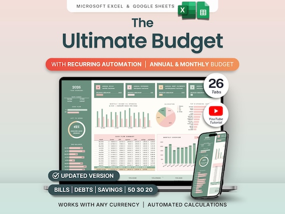 Ultimate Annual Budget Spreadsheet Monthly Budget Template Google Sheets Excel Bill Calendar Debt Savings Tracker Personal Finance Net Worth