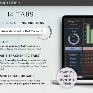 May include: A digital habit tracker displayed on a laptop screen. The interface includes a habit dashboard, monthly trackers, and an annual overview. The text highlights 14 tabs, setup instructions, and the ability to start on any month and year.