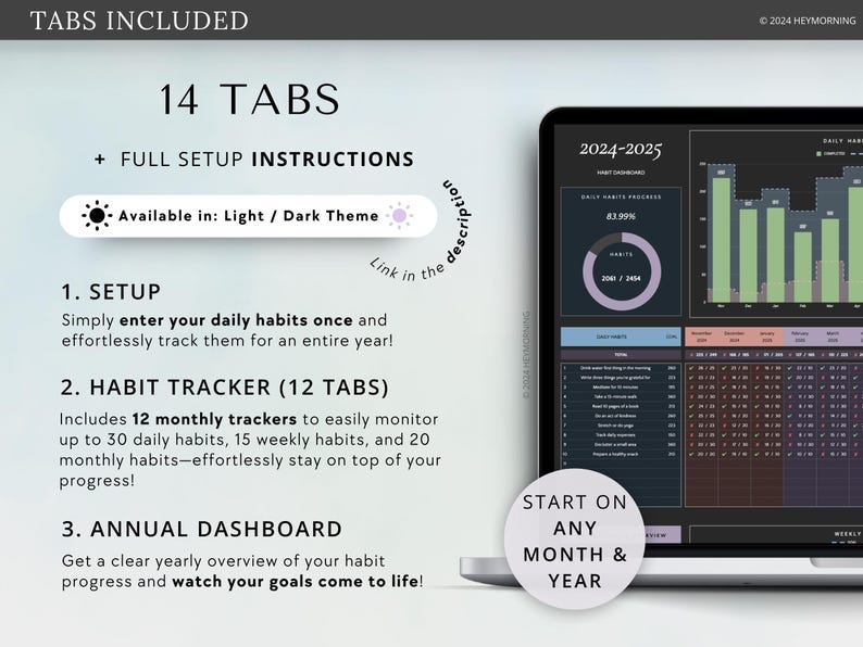 May include: A digital habit tracker displayed on a laptop screen. The interface includes a habit dashboard, monthly trackers, and an annual overview. The text highlights 14 tabs, setup instructions, and the ability to start on any month and year.