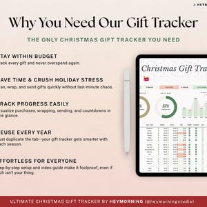 May include: Digital Christmas Gift Tracker on a tablet with a stylus. The screen displays a spreadsheet with charts and data. Text on the image reads "Why You Need Our Gift Tracker" and "Christmas Gift Tracker". A red bow is at the top right.