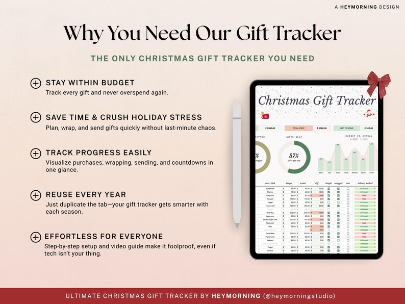 May include: Digital Christmas Gift Tracker on a tablet with a stylus. The screen displays a spreadsheet with charts and data. Text on the image reads "Why You Need Our Gift Tracker" and "Christmas Gift Tracker". A red bow is at the top right.