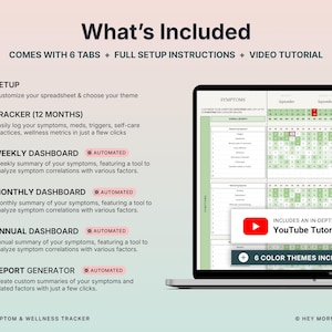 May include: A digital wellness tracker displayed on a MacBook Pro. The screen shows a spreadsheet with symptom tracking features, including weekly, monthly, and annual dashboards. The image highlights the tracker's setup, 12-month tracking, and report generation capabilities.