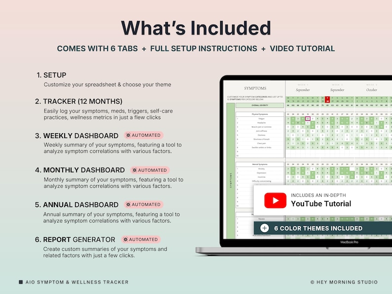 May include: A digital wellness tracker displayed on a MacBook Pro. The screen shows a spreadsheet with symptom tracking features, including weekly, monthly, and annual dashboards. The image highlights the tracker's setup, 12-month tracking, and report generation capabilities.