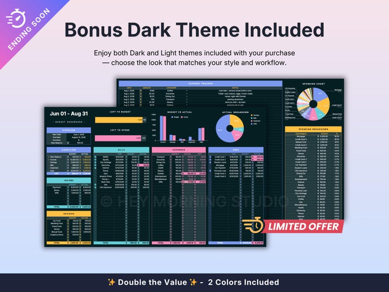 May include: A digital budget dashboard spreadsheet template featuring dark and light themes. The interface displays financial data including income, expenses, savings, and debt trackers with pie charts and bar graphs. Text includes Bonus Dark Theme Included, Jun 01 - Aug 31, and HEY MORNING STUDIO.