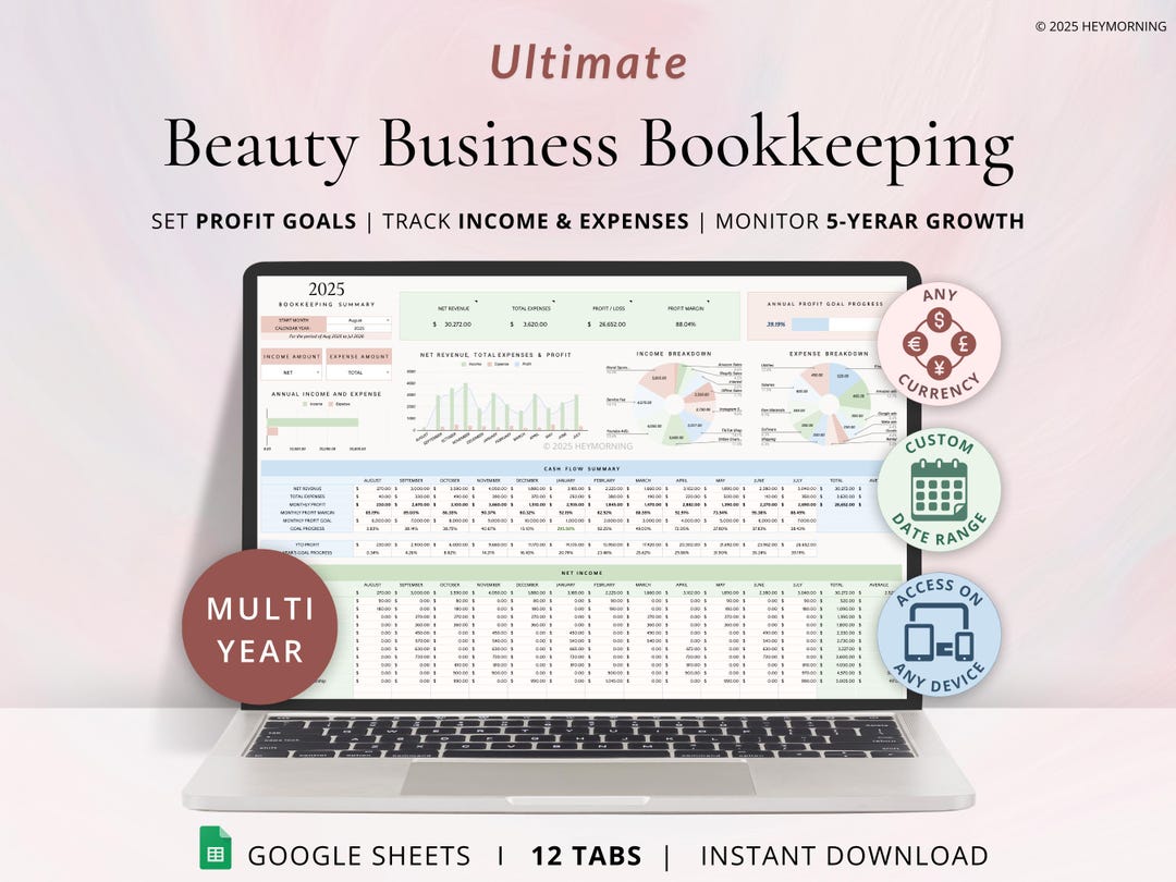 Easy Bookkeeping Spreadsheet for Beauty Business Income Expense Tracker ...