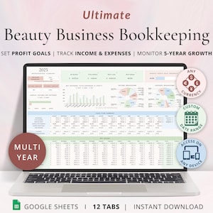 Easy Bookkeeping Spreadsheet for Beauty Business Income Expense Tracker Google Sheets for Lash Tech Nail Tech Makeup Artist Salon Owner